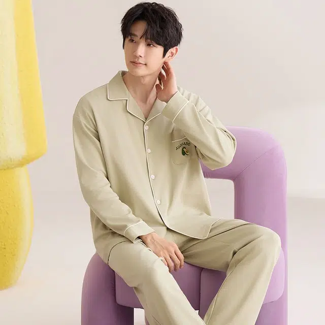 俏韵 翻领春秋季开衫长袖长裤休闲风简约宽松舒适薄款家居服可外穿睡衣套装 男款