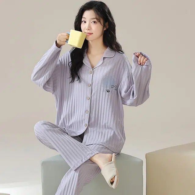 俏韵 翻领春秋季简约条纹长袖开衫甜美可爱休闲风舒适薄款家居服可外穿睡衣套装 女款