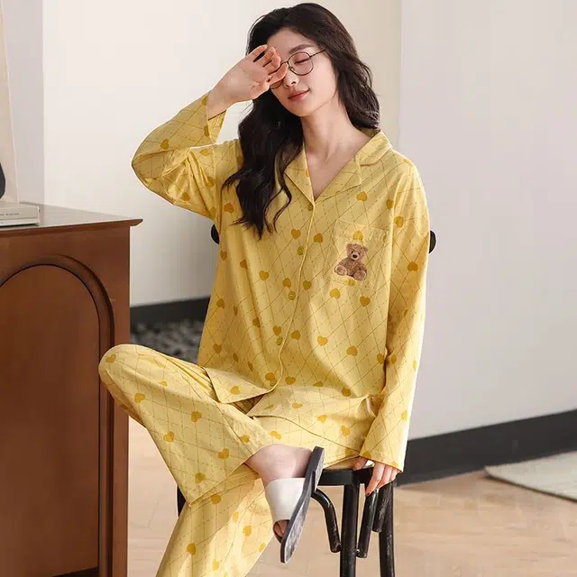 俏韵 翻领春秋季长袖甜美可爱休闲舒适薄款家居服可外穿睡衣套装 女款