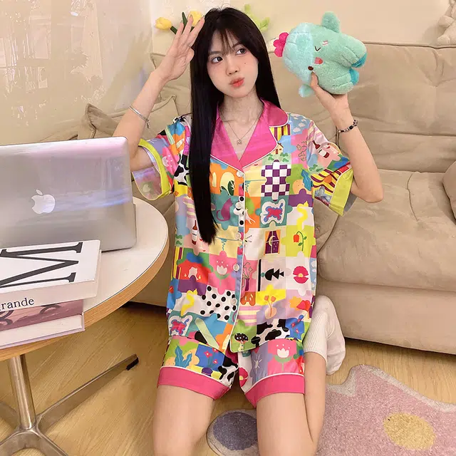 俏韵 多巴胺短袖带胸垫甜美可爱家居服睡衣套装 女款 粉色