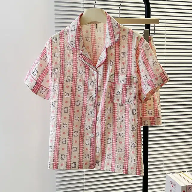 俏韵 翻领夏季卡通条纹云朵棉舒适短袖短裤甜美薄款家居服可外穿睡衣套装 女款