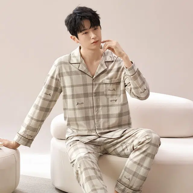 俏韵 翻领春秋季款简约印花长袖休闲开衫薄款家居服可外穿睡衣套装 男款
