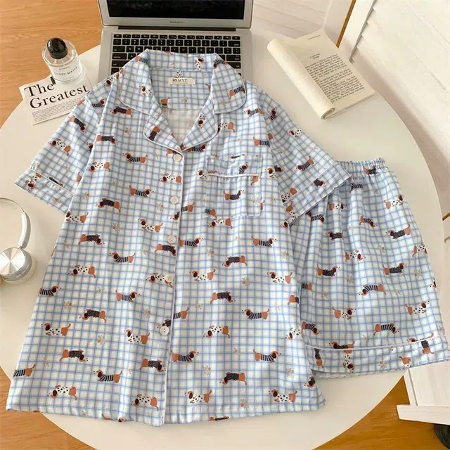 俏韵 翻领卡通夏季冰丝甜美舒适短袖短裤薄款家居服可外穿睡衣套装 女款