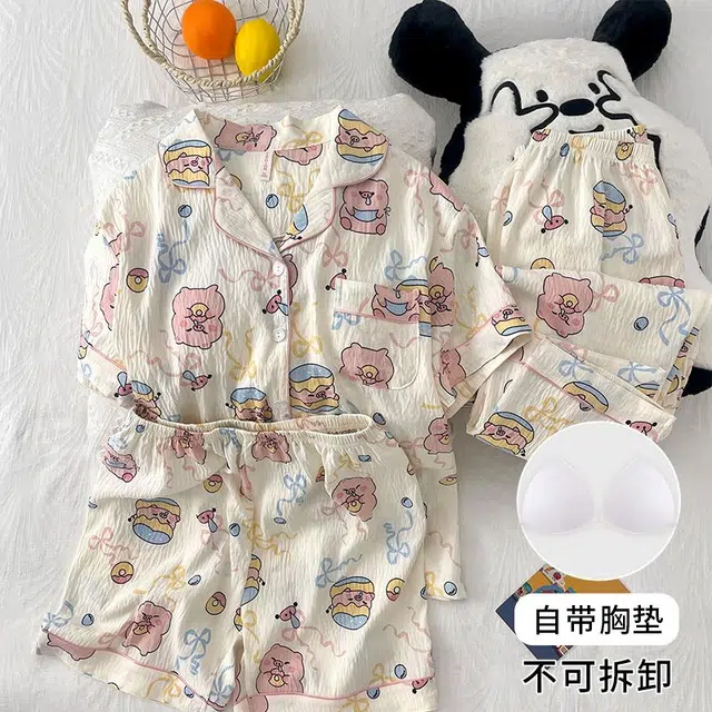 俏韵 翻领卡通夏季云朵棉带胸垫甜美短袖三件套休闲舒适薄款家居服可外穿睡衣套装 女款