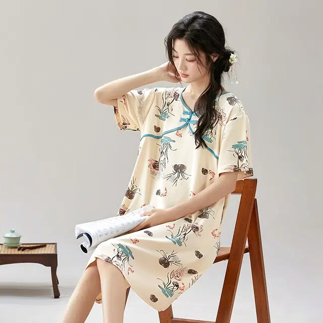 俏韵 圆领夏季款国风短袖简约甜美风中长款家居服可外穿睡裙 女款