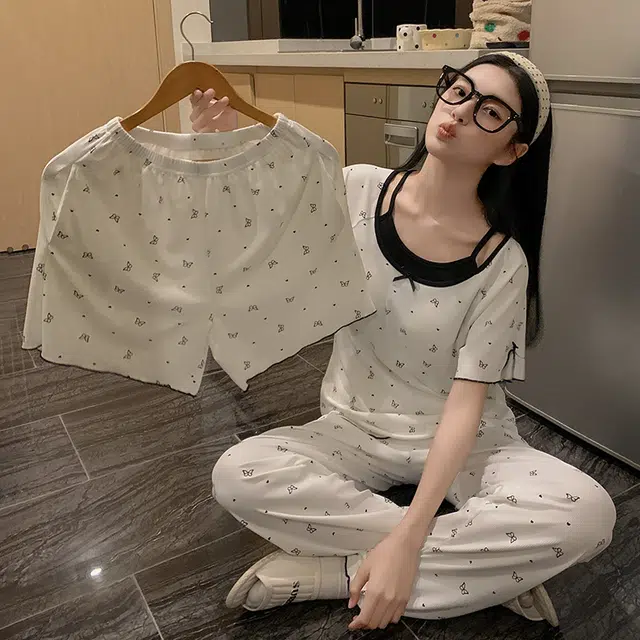 俏韵 甜美短袖三件套舒适带胸垫家居服可外穿睡衣套装 女款