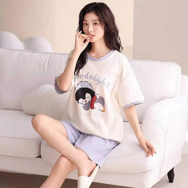 俏韵 圆领卡通企鹅夏季甜美可爱短袖短裤休闲舒适薄款家居服可外穿睡衣套装 女款
