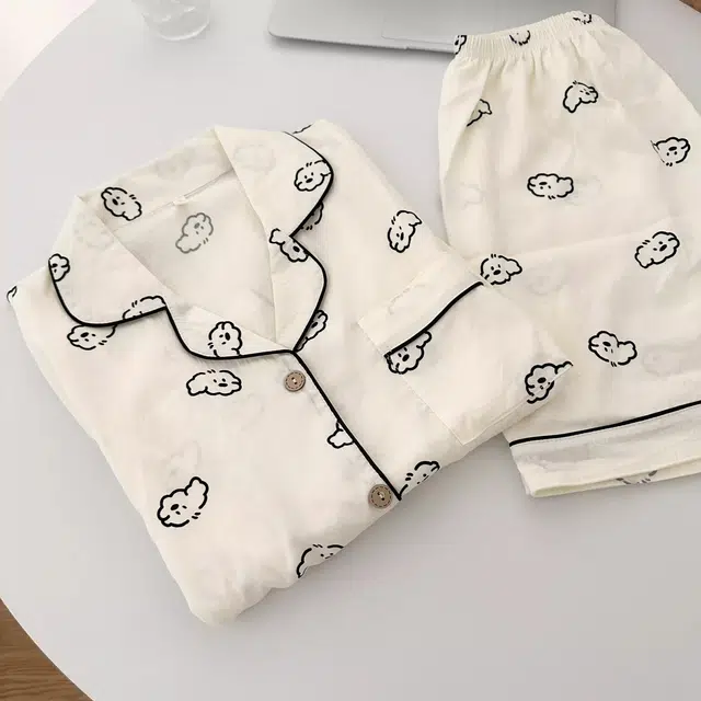 俏韵 翻领卷毛小狗云朵棉短袖薄款卡通家居服可外穿睡衣套装 男女同款