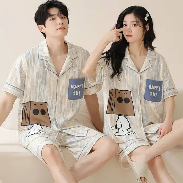 俏韵 文艺风短袖家居服休闲舒适睡衣套装 男女同款