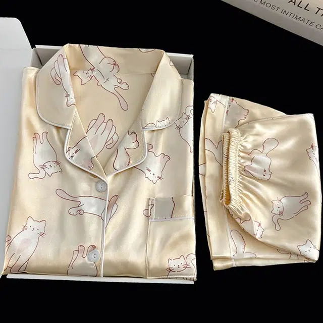 俏韵 翻领夏季冰丝舒适凉感短袖甜美可爱薄款家居服可外穿睡衣套装 女款