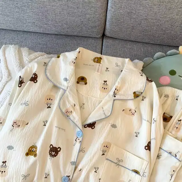 俏韵 翻领卡通小熊春秋季云朵棉长袖长裤甜美印花可爱薄款家居服可外穿睡衣套装 女款