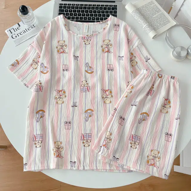 俏韵 圆领卡通小熊夏季云朵棉甜美可爱短袖短裤休闲舒适薄款家居服可外穿睡衣套装 女款