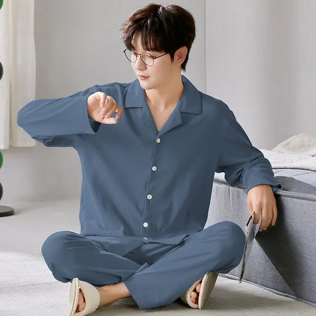 俏韵 翻领春秋季长袖长裤开衫休闲简约薄款舒适家居服可外穿睡衣套装 男款
