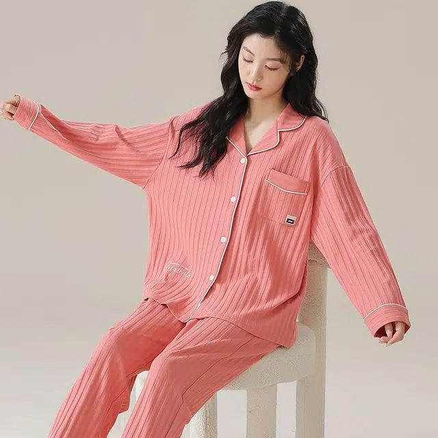 俏韵 翻领春秋季简约条纹长袖长裤开衫甜美可爱休闲舒适薄款家居服可外穿睡衣套装 女款
