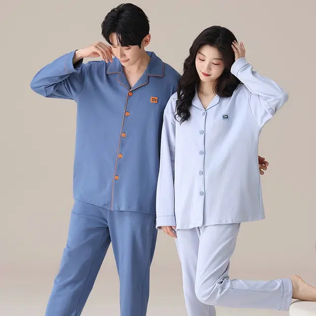 俏韵 翻领春秋季款纯棉简约纯色长袖长裤甜美舒适休闲家居服可外穿睡衣套装 男女同款