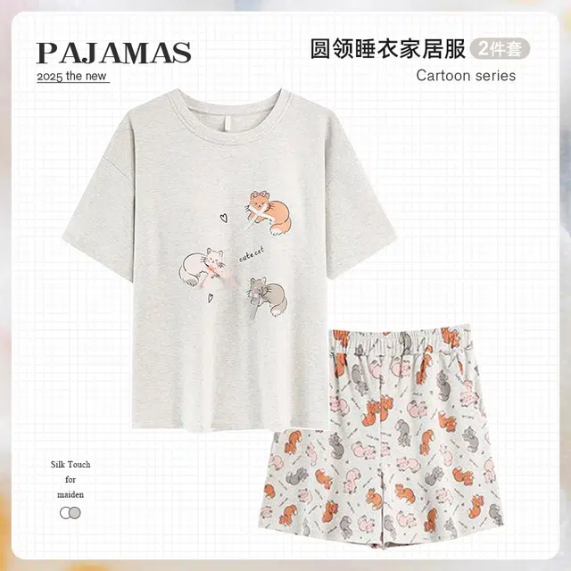 俏韵 甜美圆领卡通短袖可爱带胸垫家居服可外穿三分裤夏季睡衣套装 女款