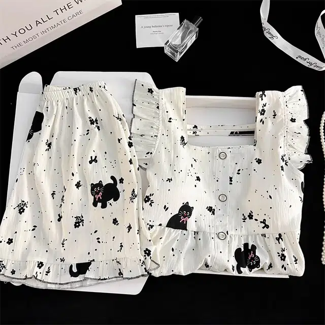 俏韵 卡通小黑猫休闲简约吊带短裤少女家居服睡衣套装 女款