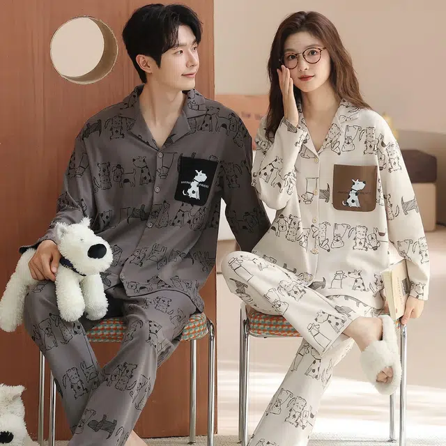 俏韵 翻领卡通春秋季印花长袖长裤甜美可爱舒适家居服可外穿睡衣套装 男女同款
