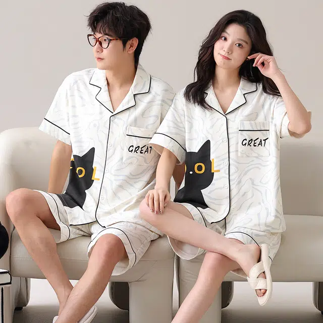 俏韵 舒适休闲翻领短袖薄款家居服可外穿睡衣套装 男女同款