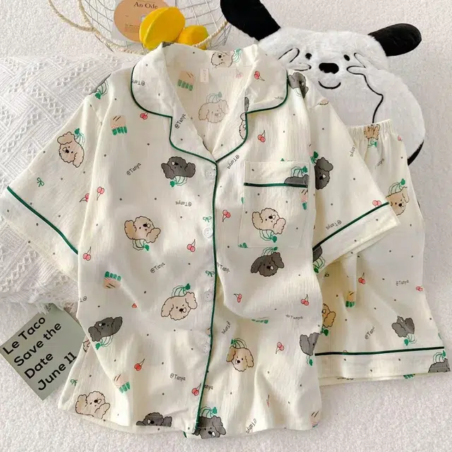 俏韵 翻领卡通夏季云朵棉印花开衫短袖短裤甜美可爱家居服可外穿睡衣套装 女款