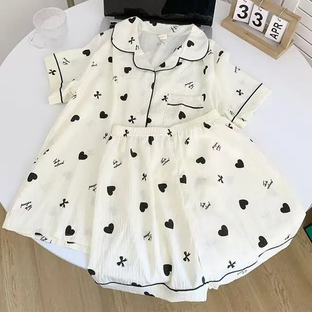 俏韵 翻领夏季云朵棉印花开衫短袖短裤甜美可爱家居服可外穿睡衣套装 女款