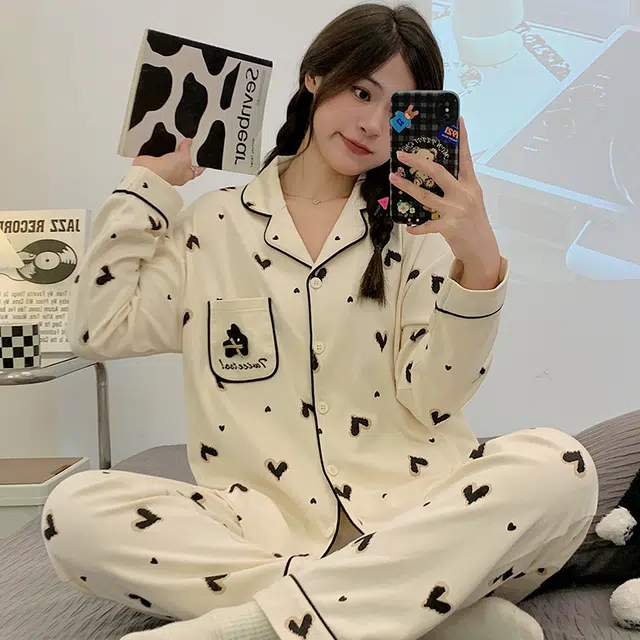 俏韵 翻领春秋季仿棉长袖长裤简约风休闲甜美可爱舒适薄款家居服可外穿睡衣套装 女款