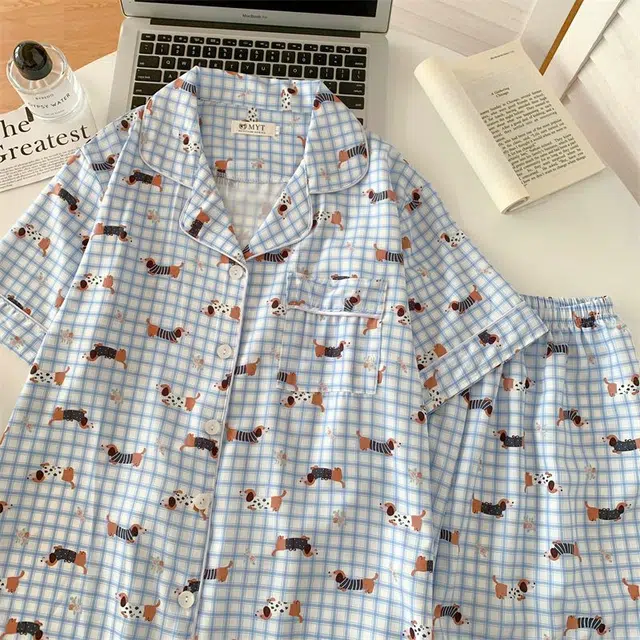 俏韵 翻领卡通夏季冰丝甜美舒适短袖短裤薄款家居服可外穿睡衣套装 女款