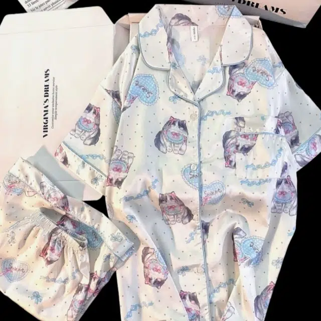 俏韵 翻领夏季卡通猫咪冰丝舒适短袖短裤甜美薄款家居服可外穿睡衣套装 女款