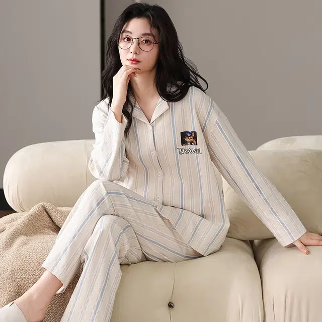 俏韵 翻领春秋季款长袖甜美可爱休闲舒适薄款家居服可外穿睡衣套装 女款