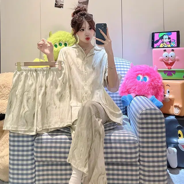 俏韵 翻领短袖上衣三件套简约休闲高级感薄款家居服可外穿长裤夏季睡衣套装 女款