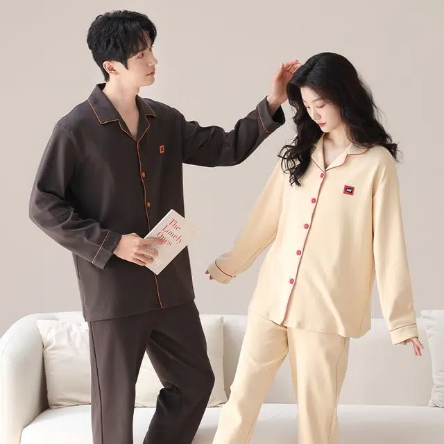 俏韵 翻领春秋季纯棉简约纯色长袖长裤甜美舒适休闲家居服可外穿睡衣套装 男女同款