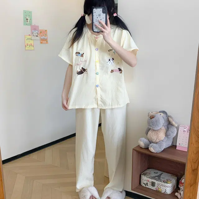 俏韵 圆领浅黄腊肠狗卡通可爱可外穿带胸垫短袖家居服可外穿睡衣套装 女款