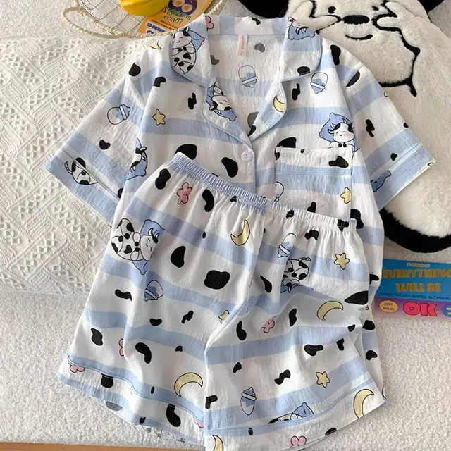 俏韵 翻领卡通夏季云朵棉可爱甜美短袖短裤薄款舒适家居服可外穿睡衣套装 女款