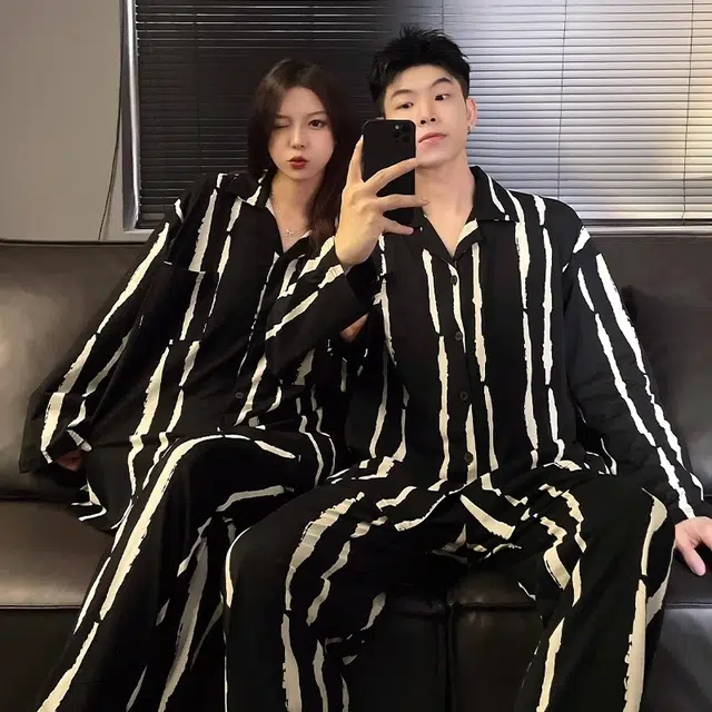 俏韵 亲肤柔软长袖长裤高级感条纹家居服可外穿睡衣套装 男女同款