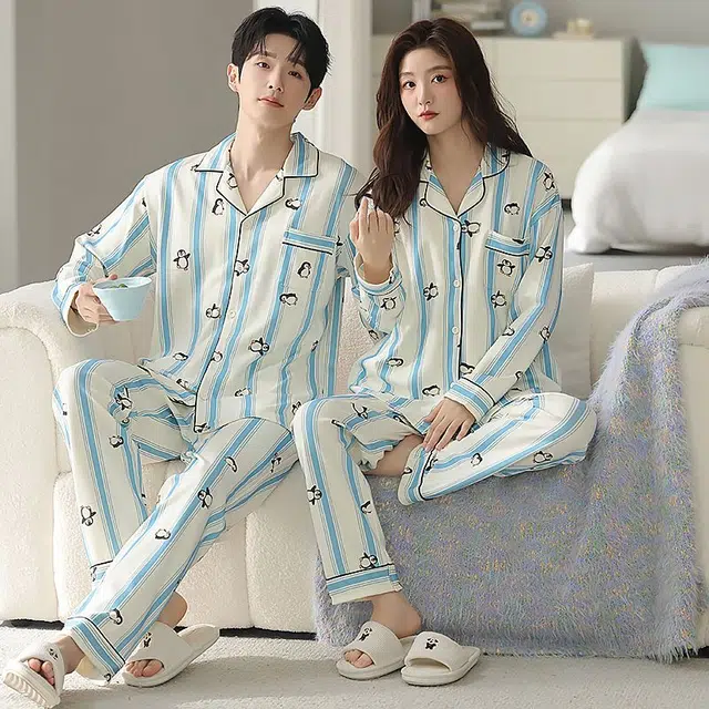 俏韵 翻领卡通条纹印花春秋季长袖长裤甜美可爱舒适家居服可外穿睡衣套装 男女同款