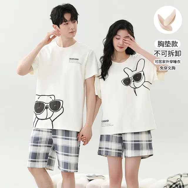 俏韵 简约格子短袖舒适休闲家居服睡衣套装 男女同款