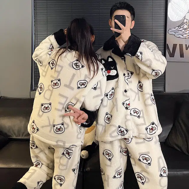 俏韵 翻领卡通冬季加绒保暖长袖长裤甜美印花可爱舒适家居服可外穿睡衣套装 男女同款