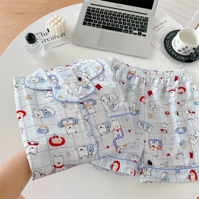 俏韵 翻领卡通夏季冰丝甜美短袖可爱薄款家居服可外穿睡衣套装 女款