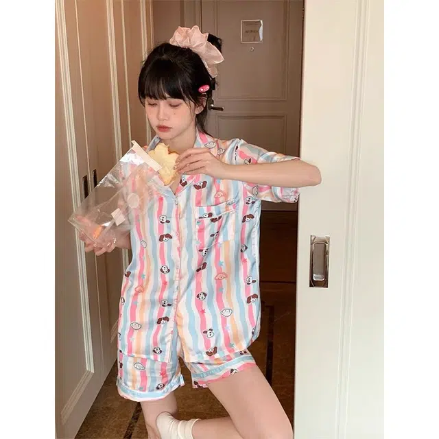 俏韵 翻领甜美高级感短袖上衣卡通家居服可外穿三分裤睡衣套装 女款