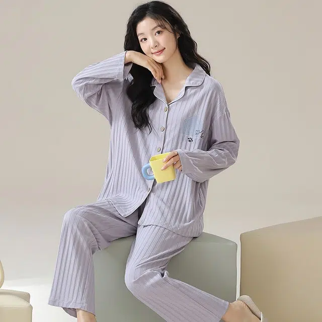 俏韵 翻领春秋季简约条纹长袖开衫甜美可爱休闲风舒适薄款家居服可外穿睡衣套装 女款