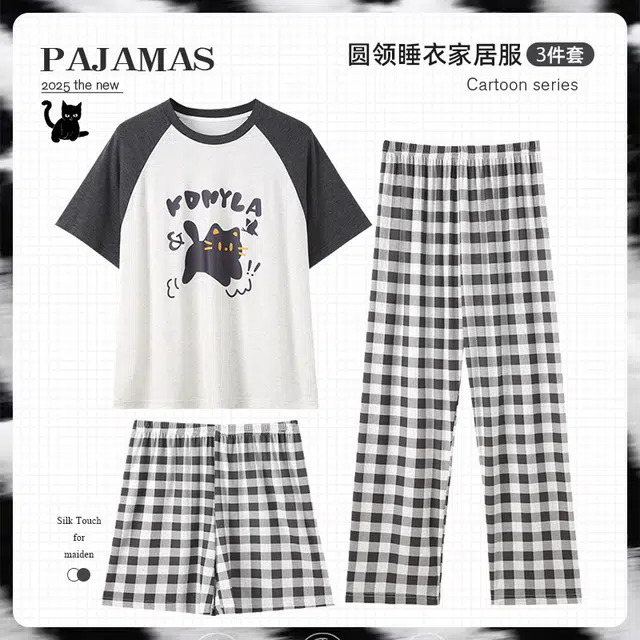 俏韵 圆领卡通小猫甜美短袖格子舒适家居服可外穿睡衣套装 女款