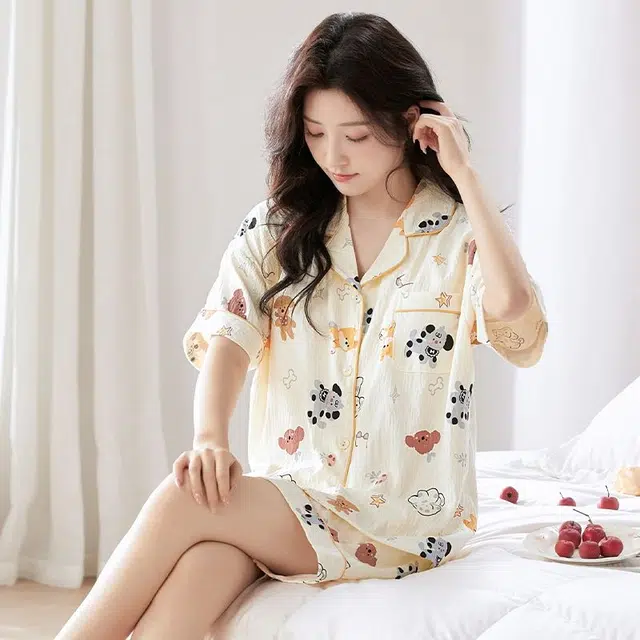 俏韵 翻领卡通甜美风短袖三分裤薄款家居服可外穿夏季睡衣套装 女款