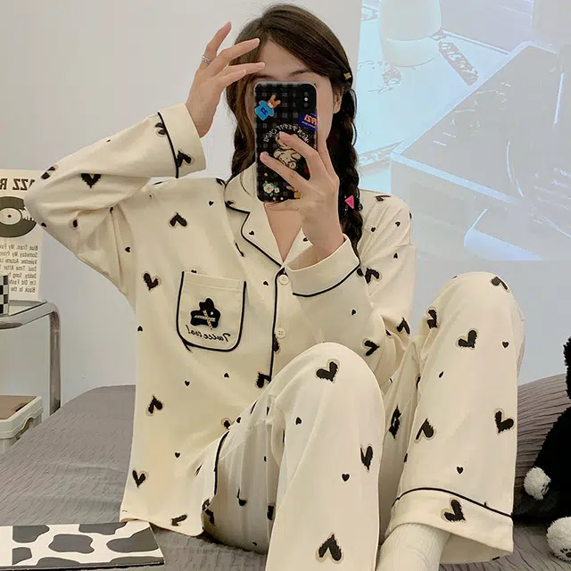 俏韵 翻领春秋季仿棉长袖长裤简约风休闲甜美可爱舒适薄款家居服可外穿睡衣套装 女款