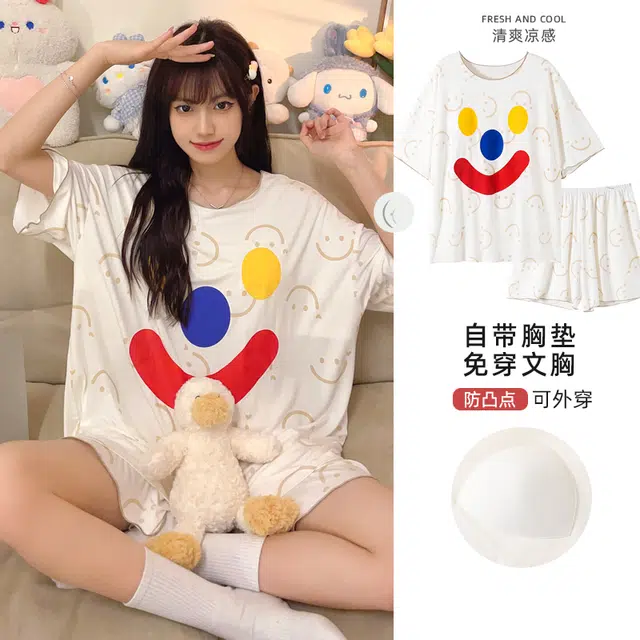 俏韵 可外穿卡通笑脸带胸垫短袖家居服短裤睡衣套装 女款