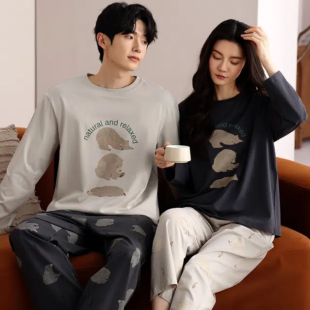 俏韵 休闲舒适长袖简约长裤家居服可外穿睡衣套装 男女同款