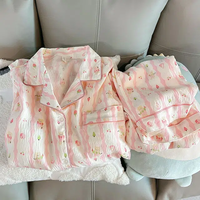 俏韵 翻领卡通条纹春秋季云朵棉甜美可爱长袖长裤开衫休闲舒适薄款家居服可外穿睡衣套装 女款