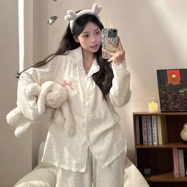 俏韵 波点云朵棉甜美长袖长裤睡衣套装 女款 杏色