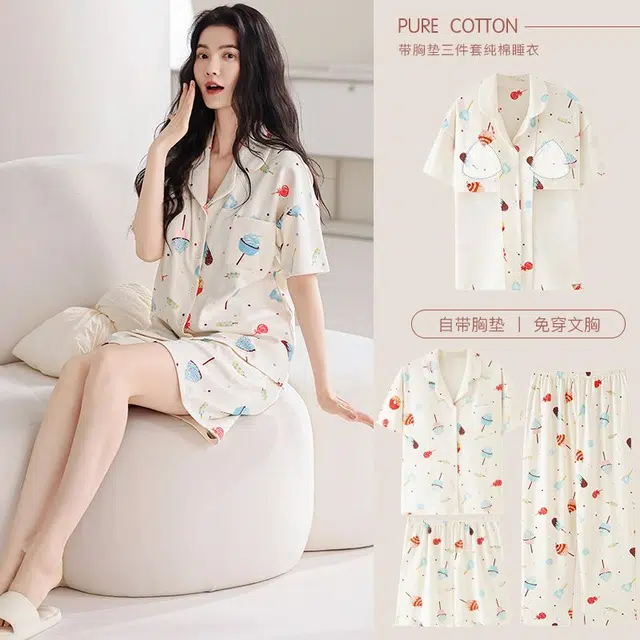 俏韵 翻领卡通夏季舒适可爱甜美带胸垫短袖三件套薄款家居服可外穿睡衣套装 女款