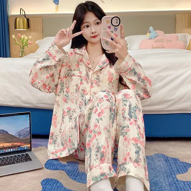 俏韵 翻领春秋季薄款云朵棉长袖带胸垫开衫休闲家居服可外穿睡衣套装 女款