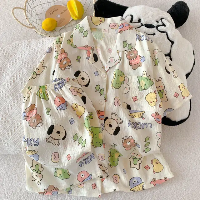 俏韵 翻领卡通夏季款云朵棉印花开衫短袖短裤甜美可爱家居服可外穿睡衣套装 女款